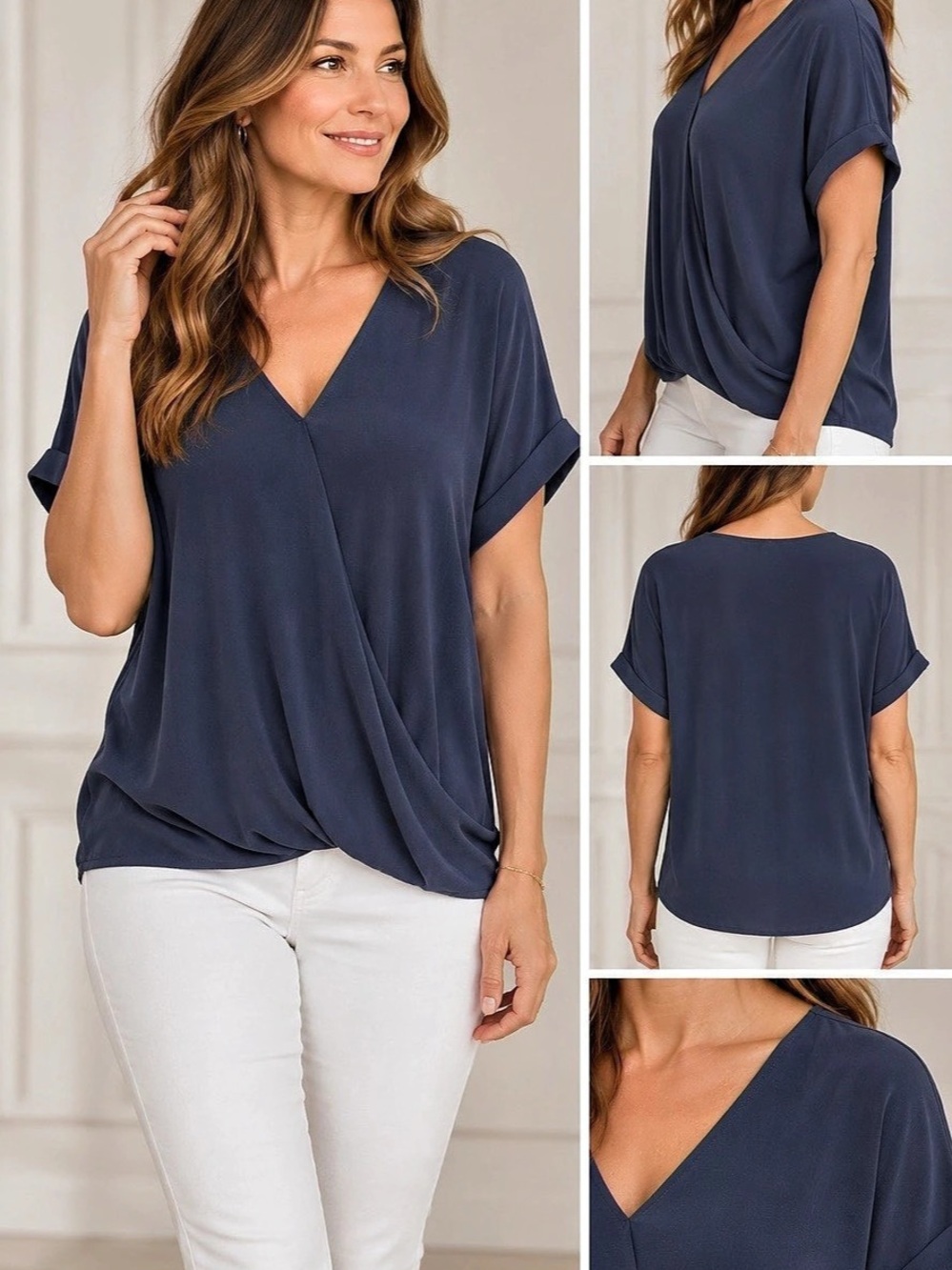 chico's V-Neck Draped Blouse in Blue Size Medium size 3